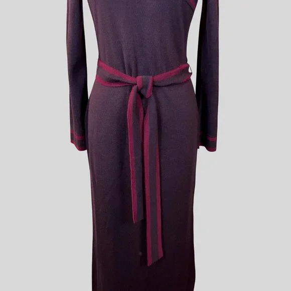 Papell Boutique Long Sleeve Brown Red V-Neck Wool Blend Sweater Dress w/Belt LG - Picture 3 of 6